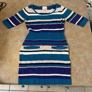 Vintage Cotton Knit Dress with Zipper Front Pockets Crew Neck 3/4 Sleeve Stretch
